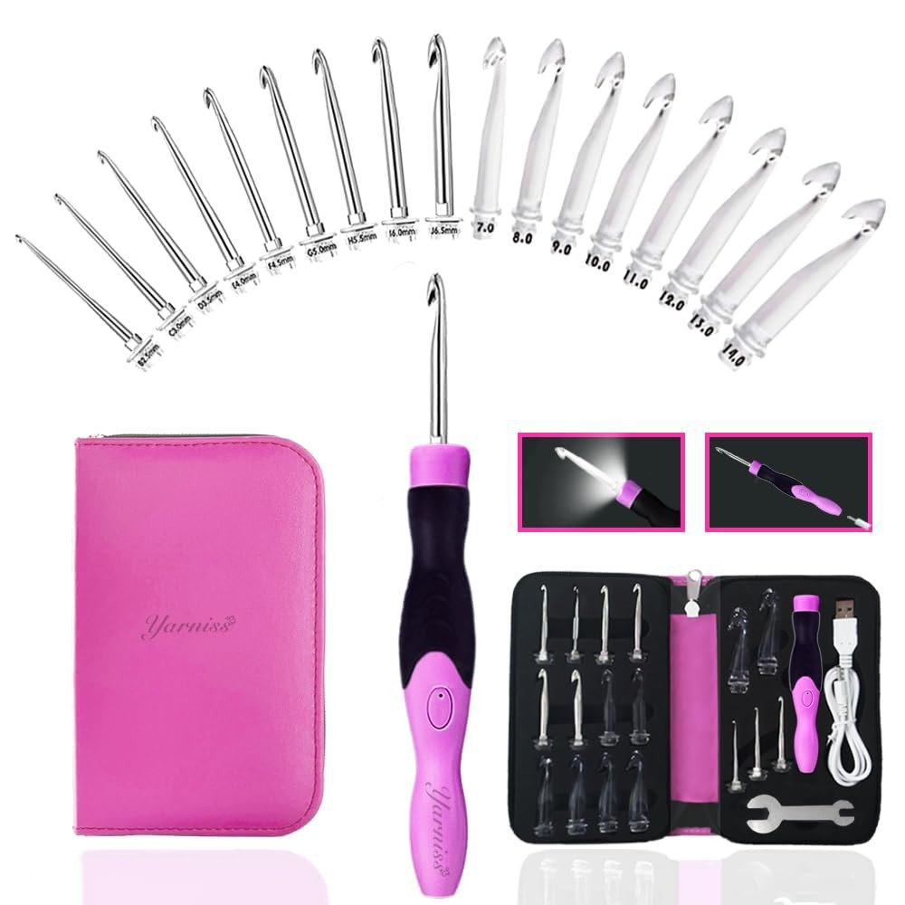 17 Size Lighted Crochet Hooks Set 2.5 mm to 14.0 mm, Metal Rechargeable Light...