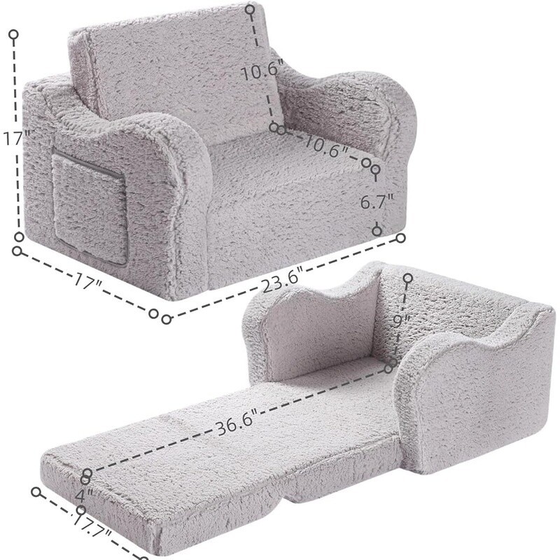 Kids Couch 2-in-1 Fold Out Toddler Sofa Lounger Comfy Machine Washable Furniture