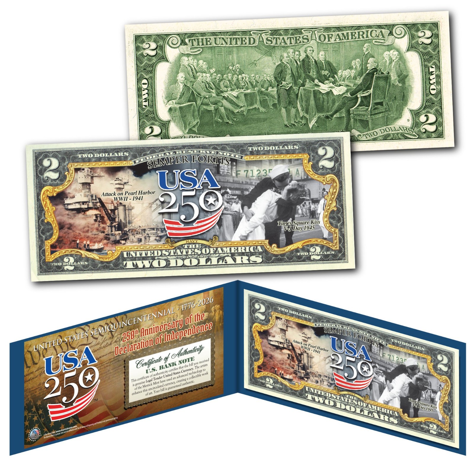NAVY - USA America 250 Anniversary WWII Pearl Harbor V-J Day Genuine US $2 Bill