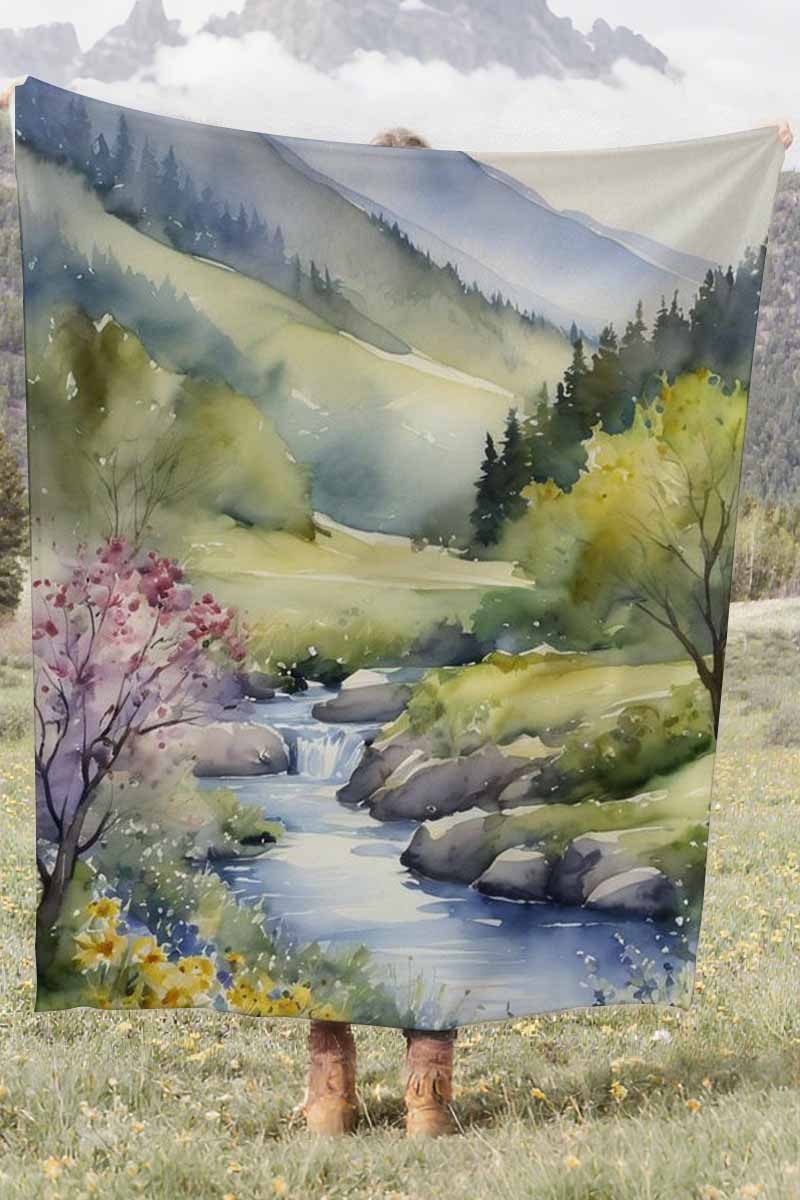 Watercolor Landscape Mountain River Coral Fleece Cozy Throw Blanket Elegant