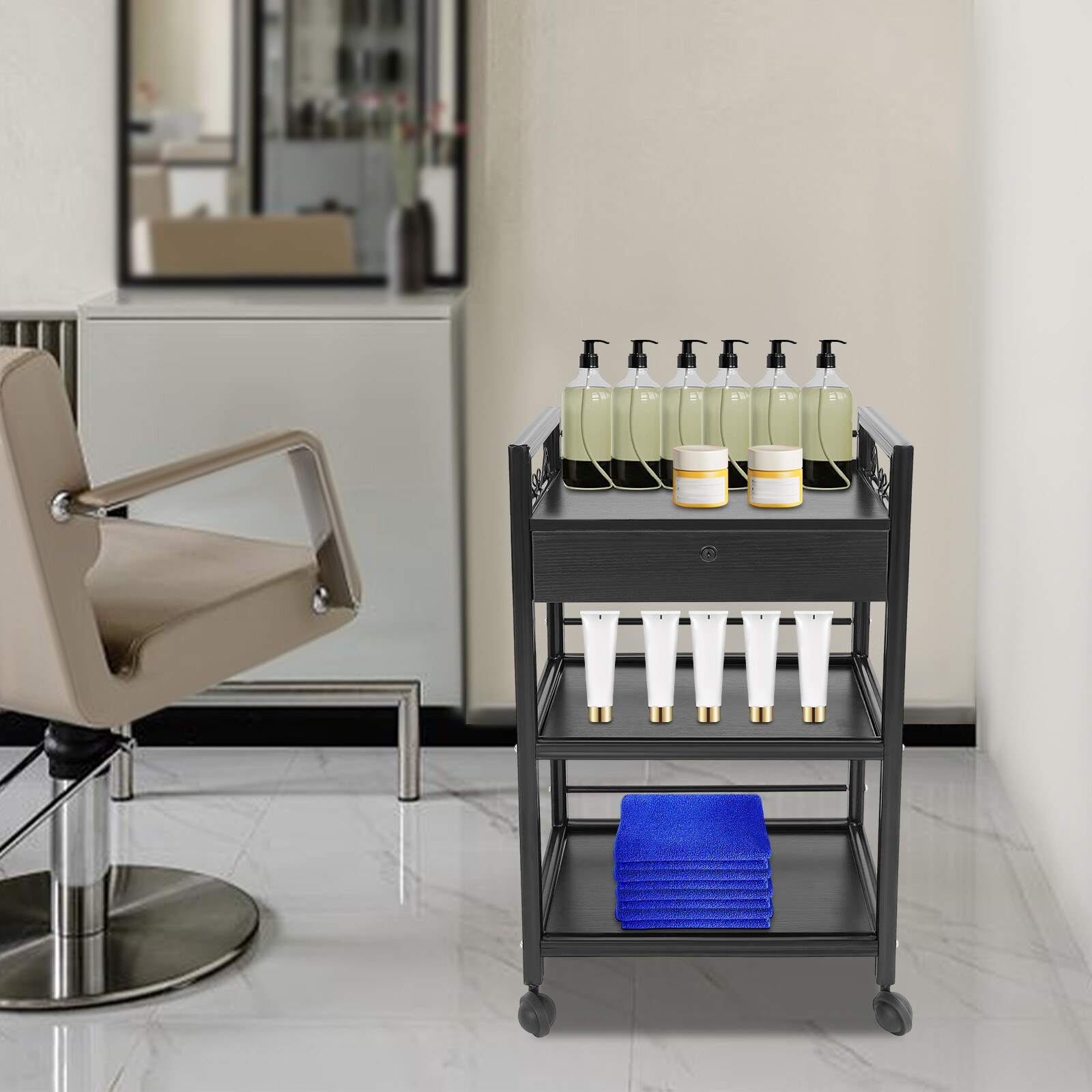 3-Tiers Salon Cart Freestanding Salon Storage Cart Trolley w/ Drawer 165.35 lbs