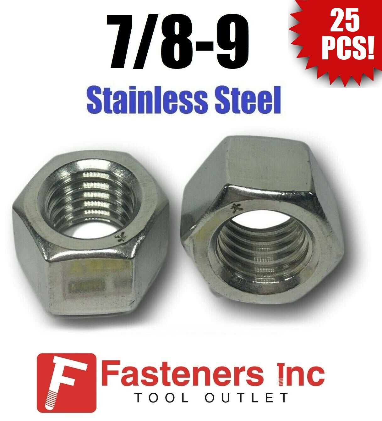 (Qty 25) 7/8-9 Stainless Steel Finished Hex Nuts 304 / 18-8 7/8"-9