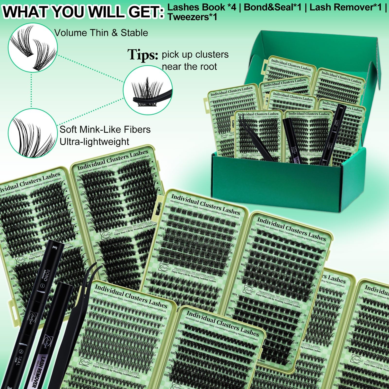 LASHSUN Lash Clusters Kit Wispy Eyelash 2304PCS 4 Boxes Kit-1