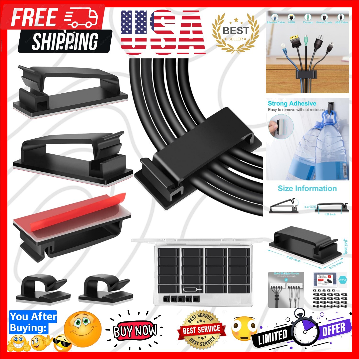 Professional Under Desk Cable Management Clips 20 PCS - Tidy & Organize Cables