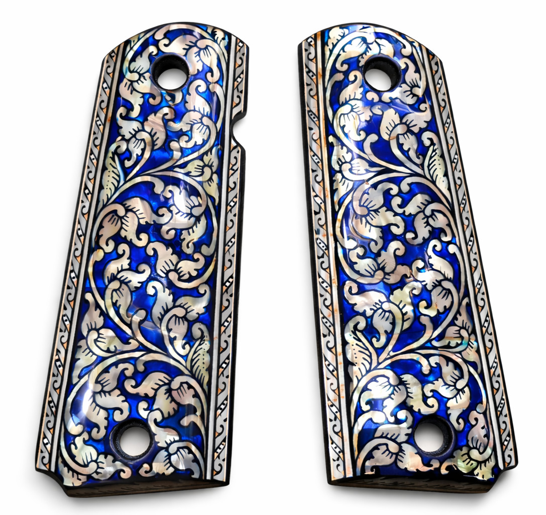 1911 PEARL GRIPS FULL SIZE FIT COLT KIMBER RUGER TAURUS S&W BLUE FLOWER ART