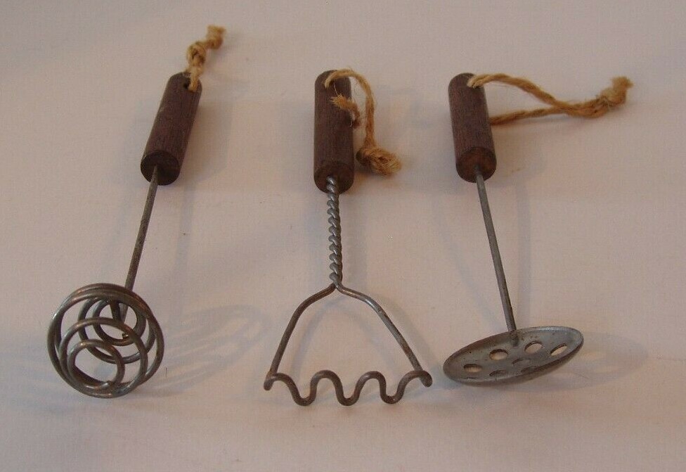 Three Piece Vintage Toy Utensils with Stained Wooden Handles and Hangers #28