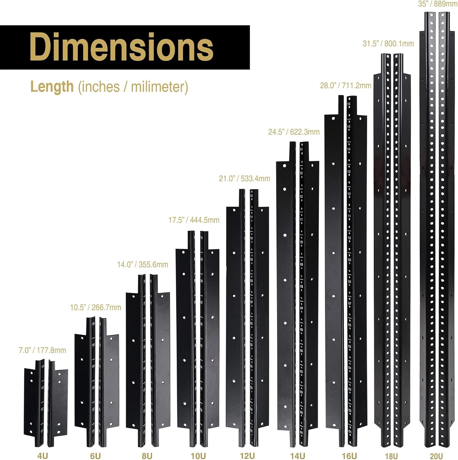 2-pack 20U Steel Rack Rails, with Black Powder Coated Finish and Screws