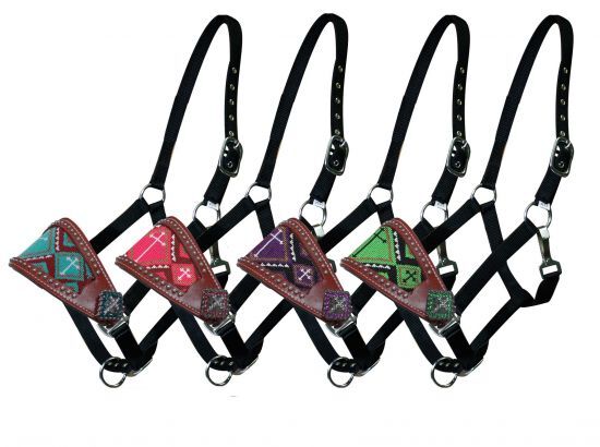 BRONC HALTER Leather Nose BEADED CROSS Design Adjustable Black Nylon
