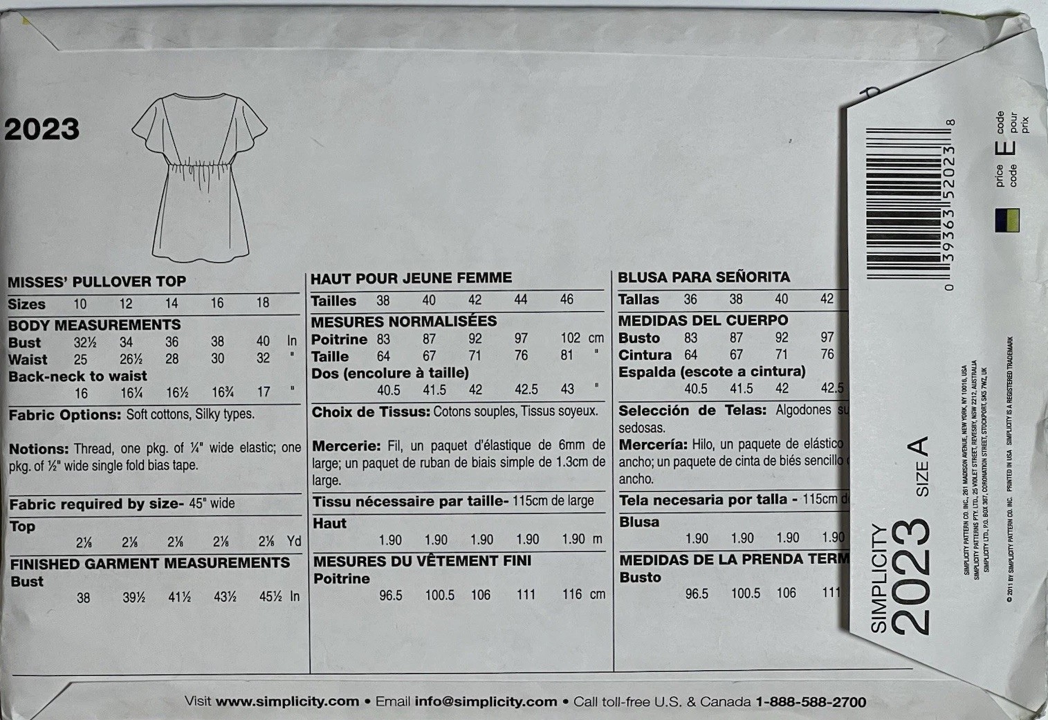 SIMPLICITY 2023 MISSES 10-18 TOP Pullover Sew Simple EASY PATTERN NEW UNCUT