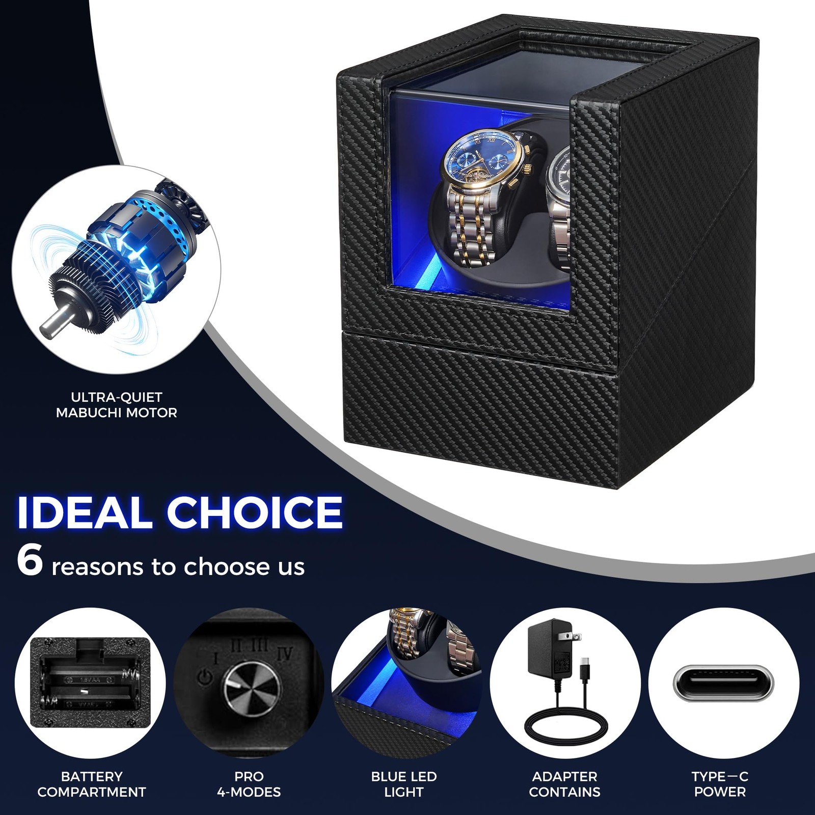 Automatic Watch Winder with LED Light - Double Watch Spinner, Quiet Motor,