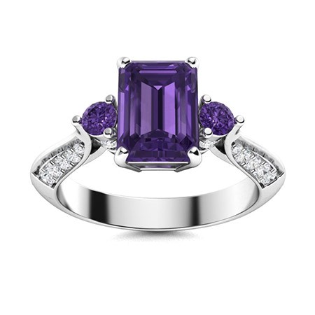 8x6mm Emerald Cut Amethyst Ring 925 Sterling Silver Three Stone Engagement Band