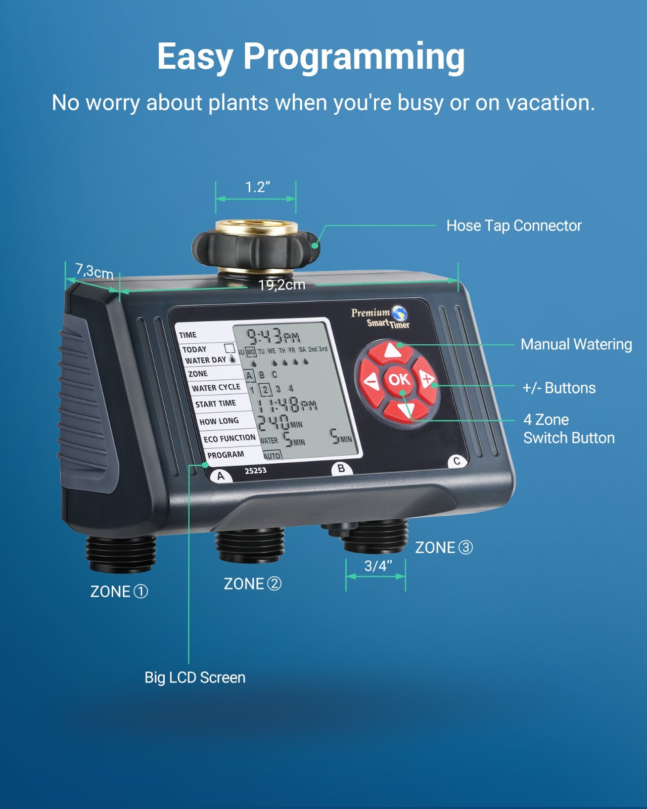 DEWENWILS Sprinkler Timer 3 Zone Hose Water Timer with 4 Programmable Procedures