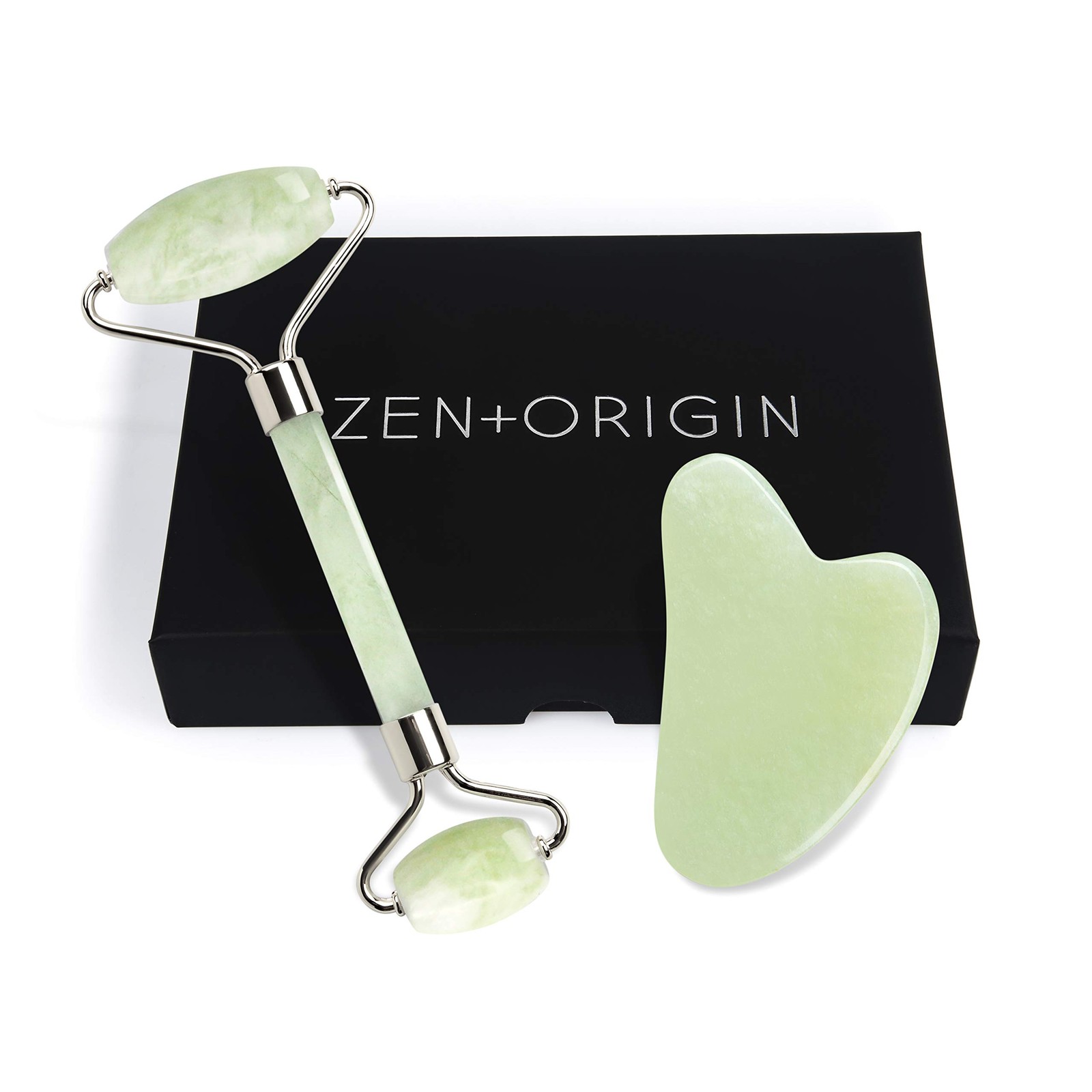 Jade Roller and Gua Sha Set - 100% Natural 2 Piece Set, - Silver