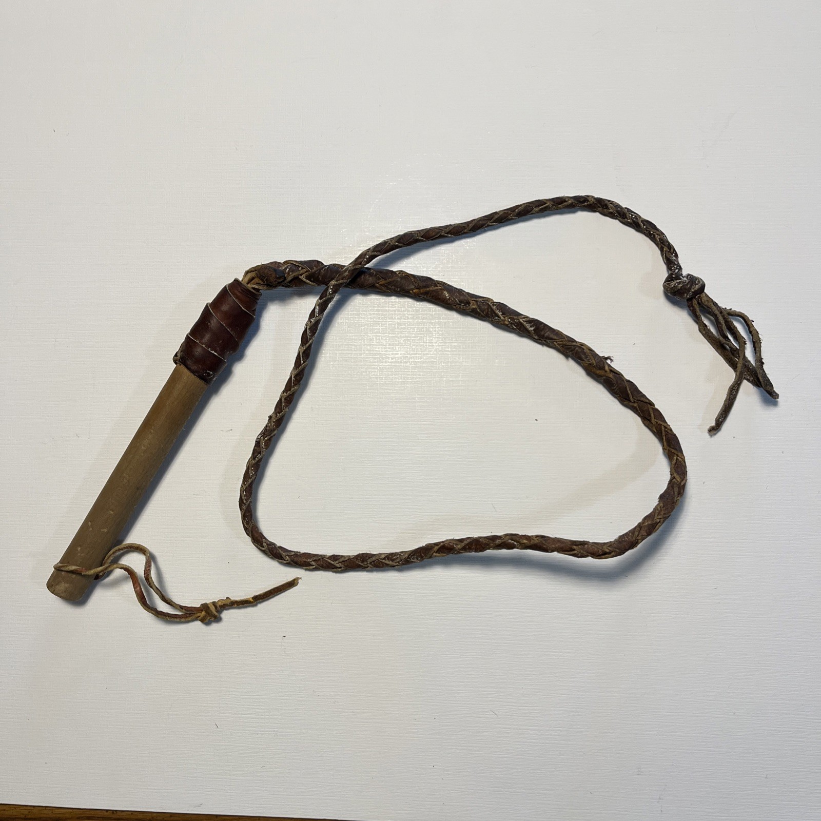 Vintage Braided Leather Cowboy Toy Bullwhip Wooden Handle -  Western Collectable