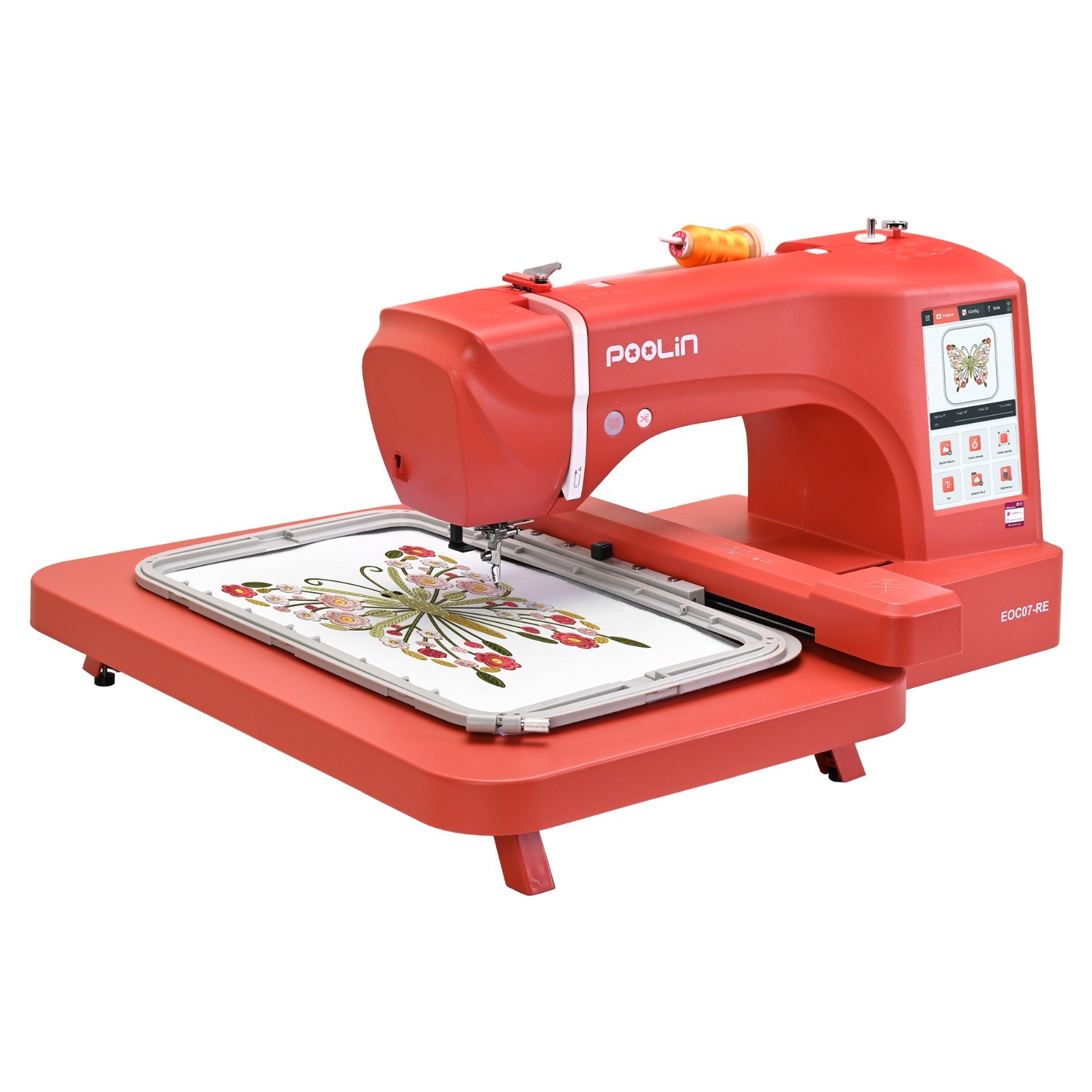 POOLIN EOC07-RE RED Computerized Embroidery Machine Large area LCD Touch Screen.