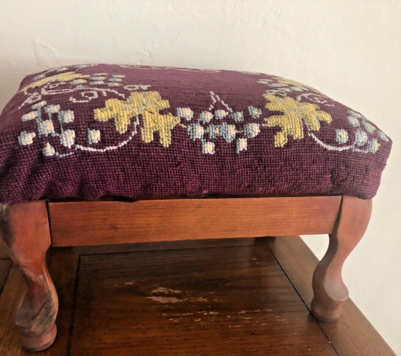 Antique Foot Stool Needlepoint Grapes & Leaf on Plum Background Wool 10" Tall