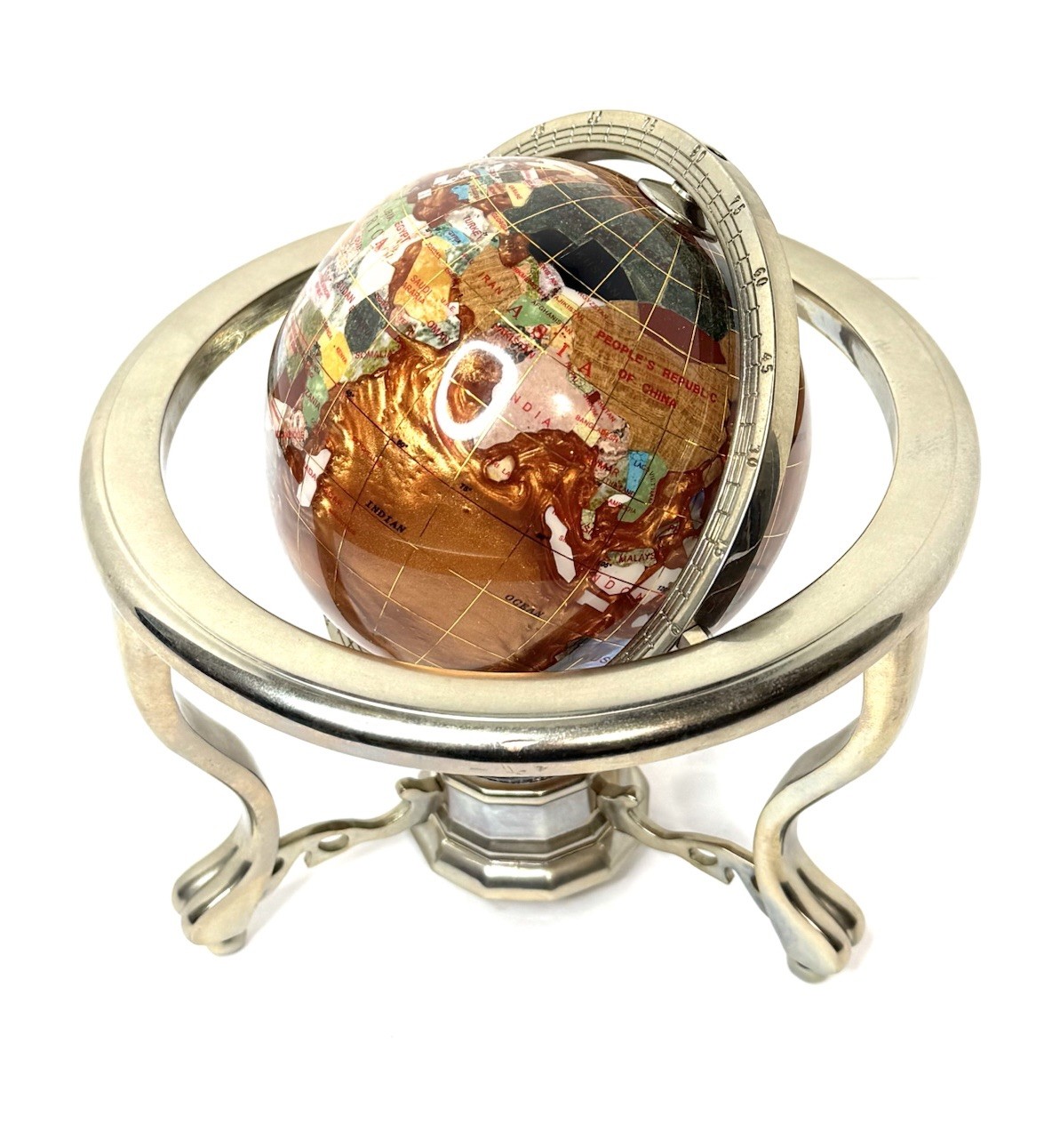 Vtg Kalifano Rotating Copper Amber Opalite Gemstone Globe Silver Stand