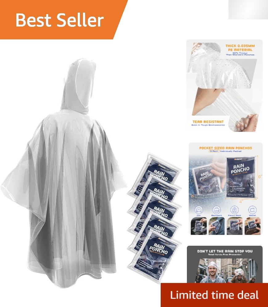 Clear Disposable Rain Ponchos for Adults - 5 Pack, Waterproof & Travel-Friendly