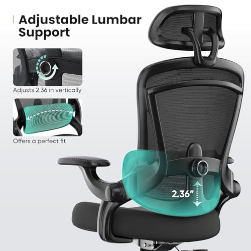 Office Chair Ergonomic Desk Chair, 300 LBS Home Mesh Dark Black With Headrest