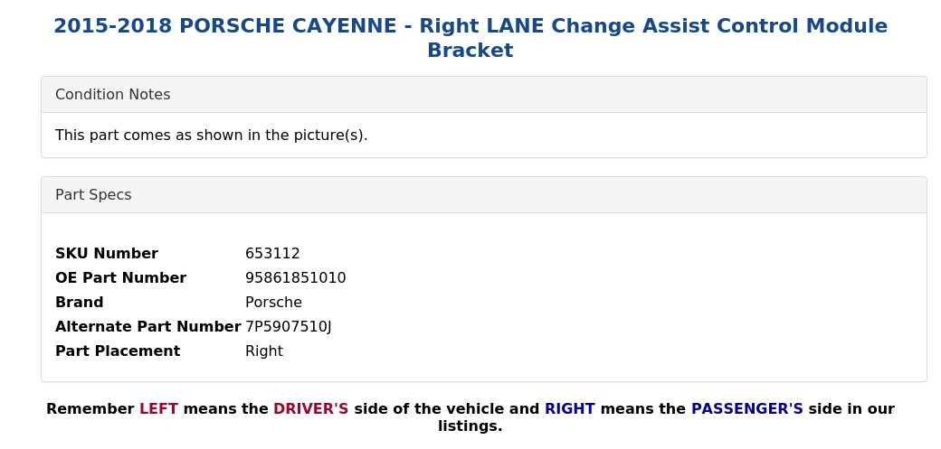2015-2018 PORSCHE CAYENNE - Right LANE Change Assist Control Module Bracket