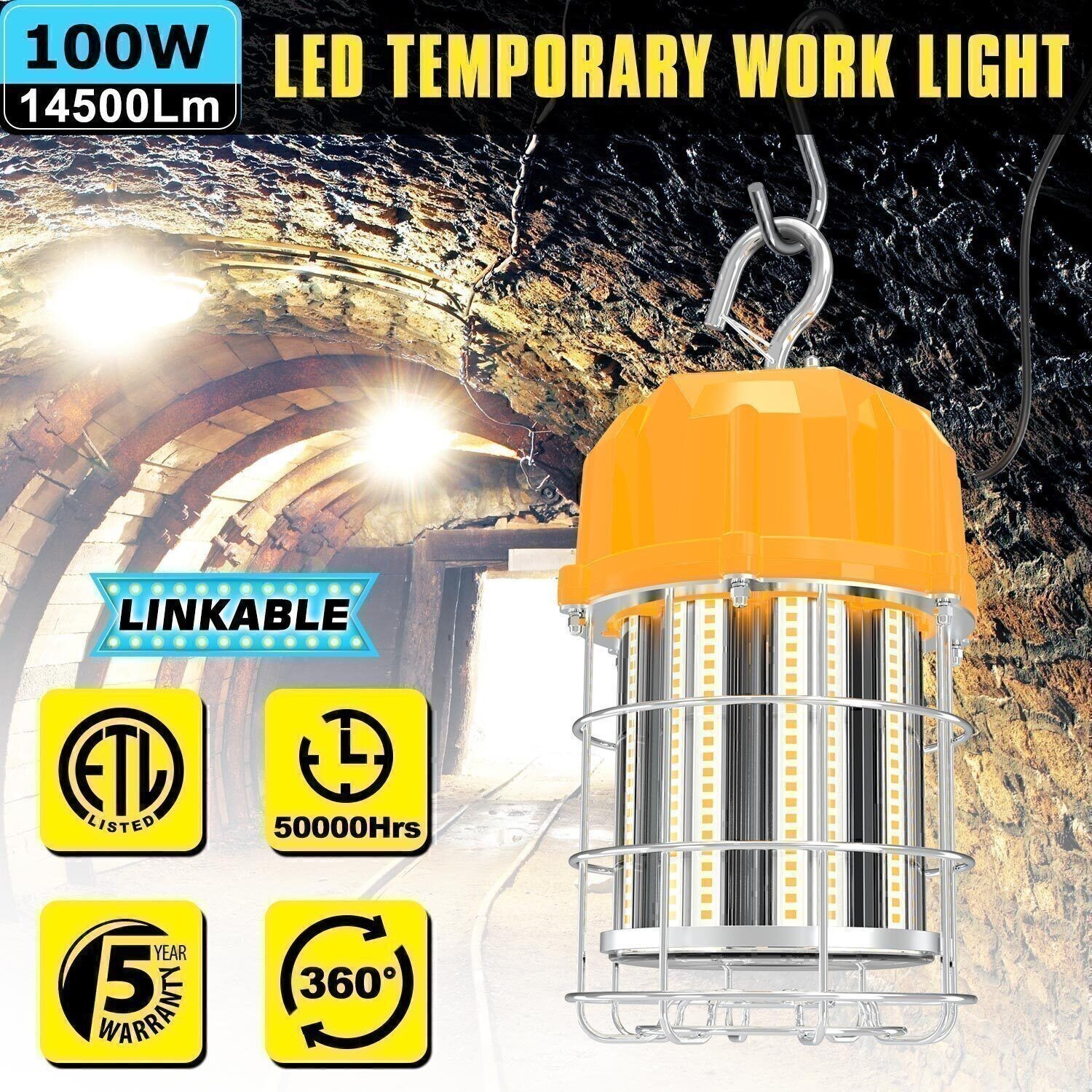 2Pack LED Temporary Work Light 100W Constructions Warehouse High Bay Light 5000K