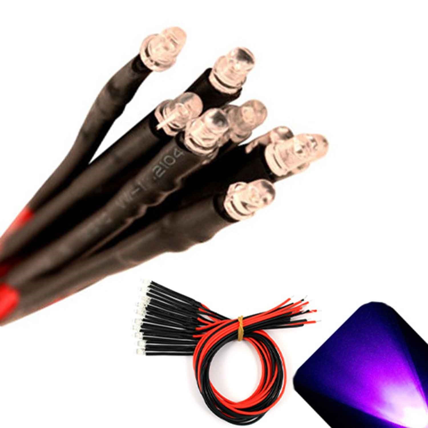 10 x Pre wired 6v 3mm UV Purple LEDs Prewired 6 volt DC LED Light RC Prop 5v