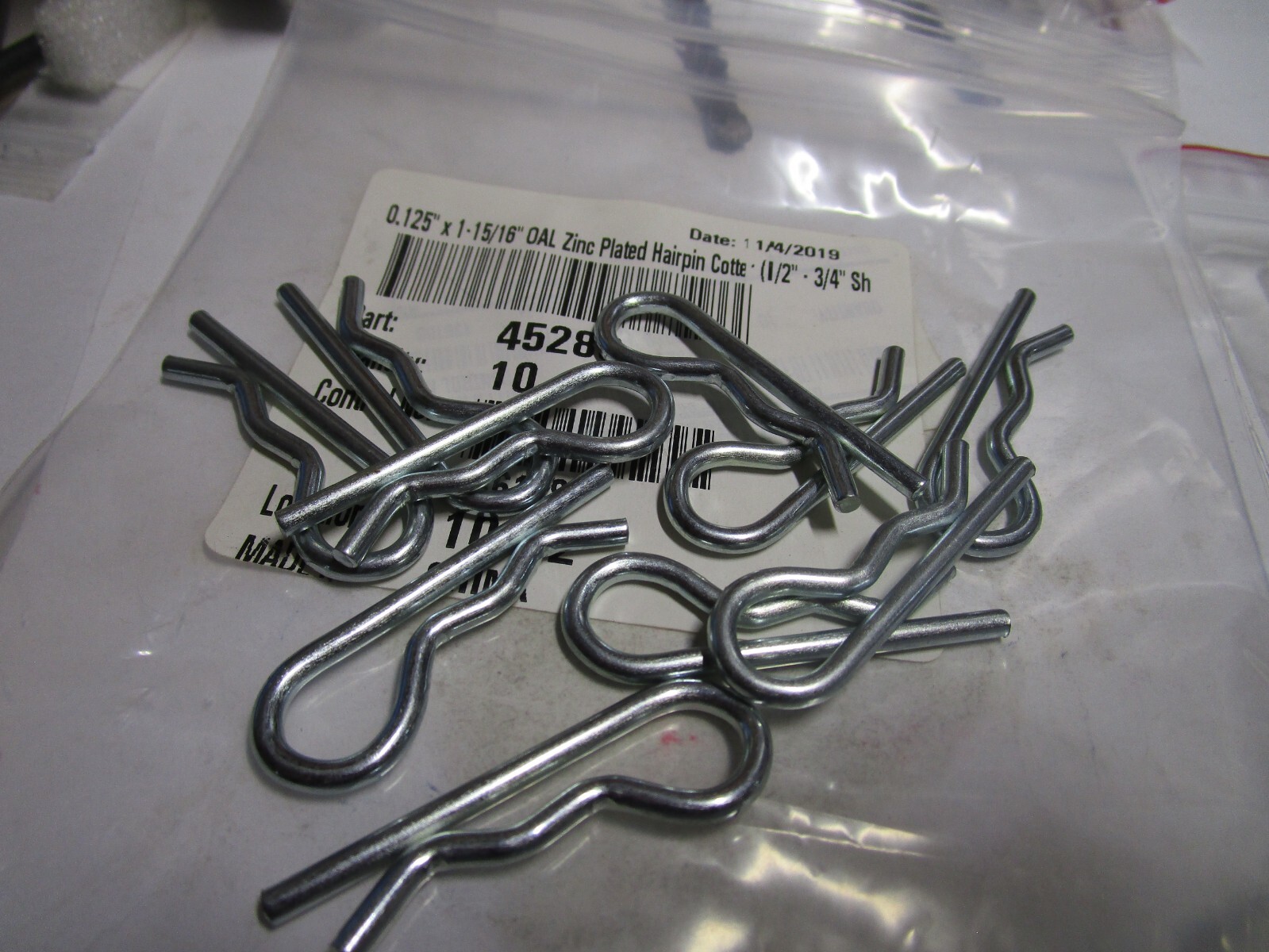 0.125" x 1-15/16" OAL Zinc Plated Hairpin Cotter (1/2" - 3/4" Shaft Size) QTY 10