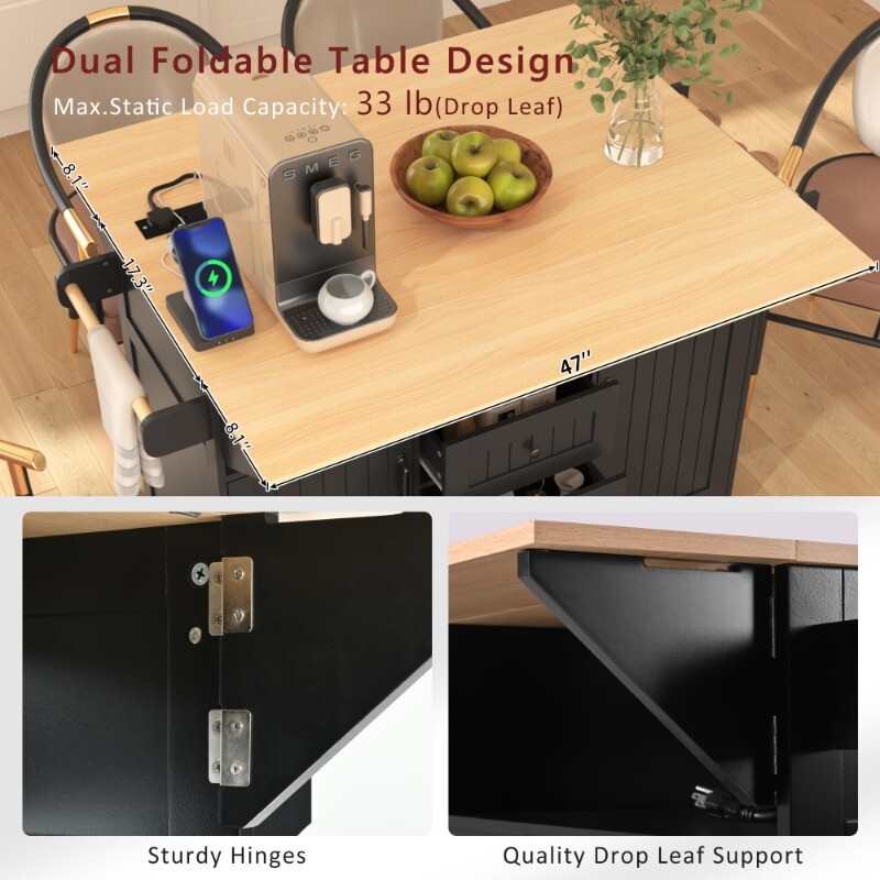 55.7'' Large Kitchen Island with 2 Drop Leaf Rolling Kitchen Cart on 5 Wheels