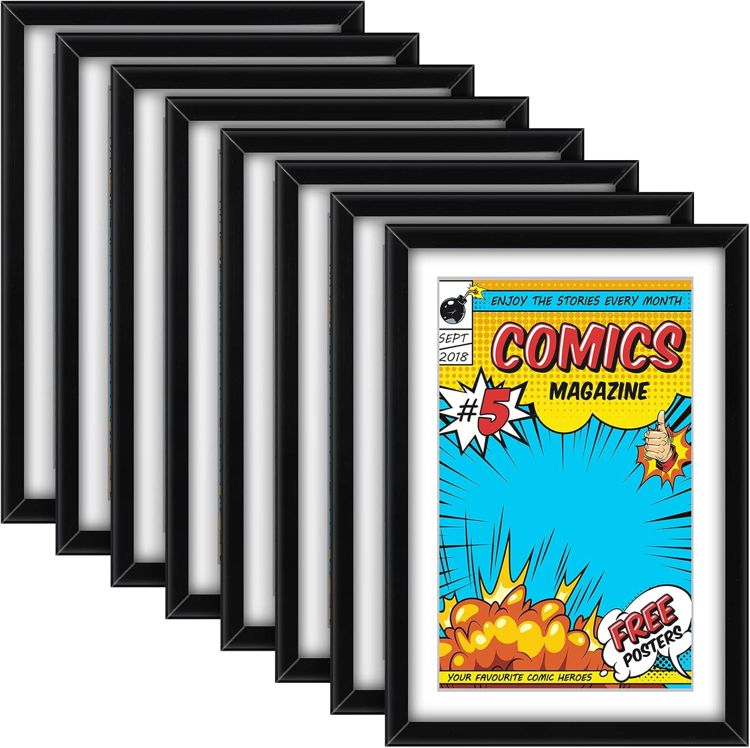 8 Pack Comic Book Frames with UV Protection Black White Mat Wall or Tabletop