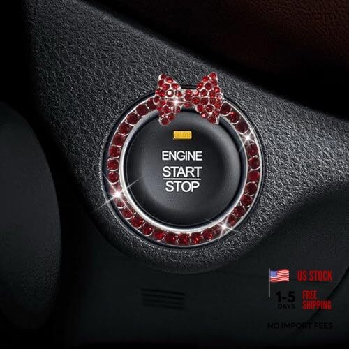 Craedli Bling Crystal Rhinestone Car Engine Start Decoration Ring, Red