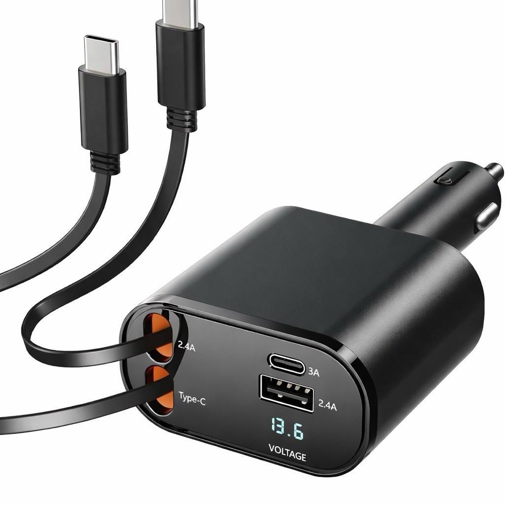 4IN1 Car Charger USB Dual Type-C Port Fast Charging Adapter Retractable Cable