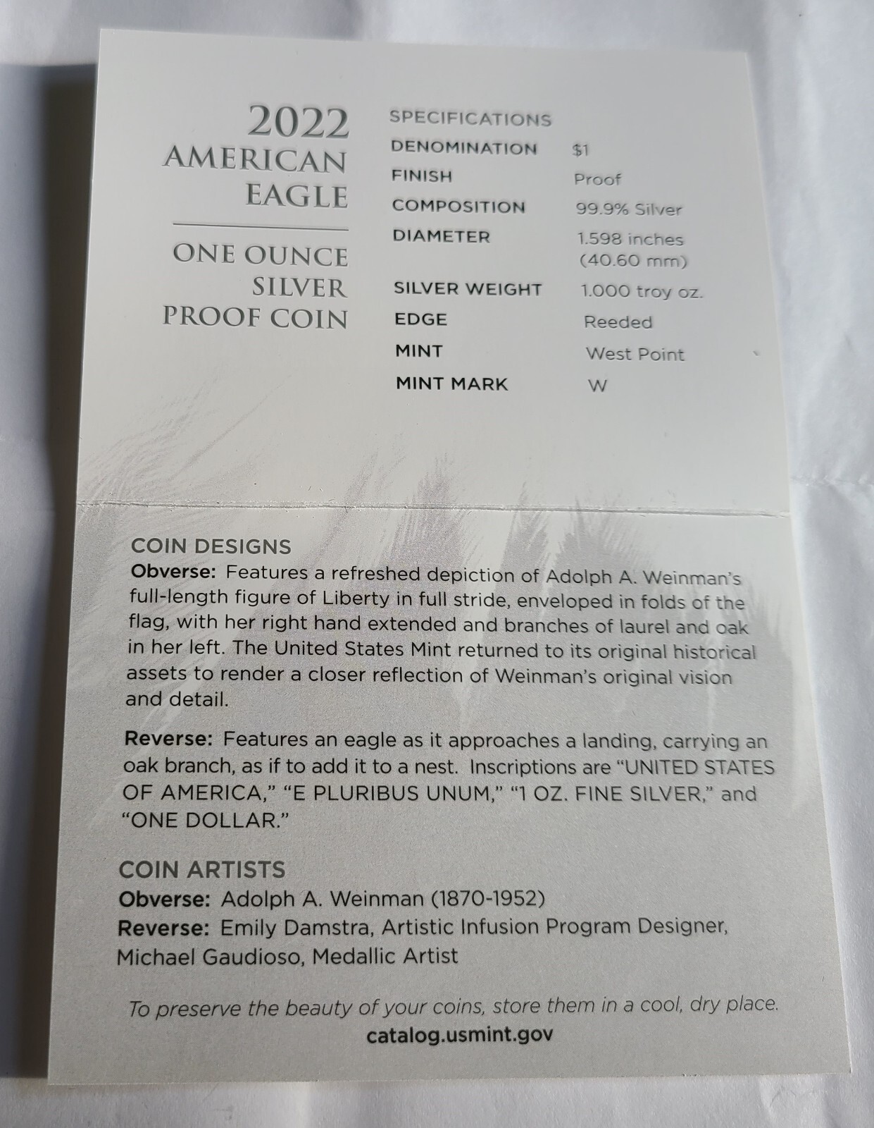 2022 "W" Silver American Eagle Set of 2, 1 Proof, 1 Uncirculated