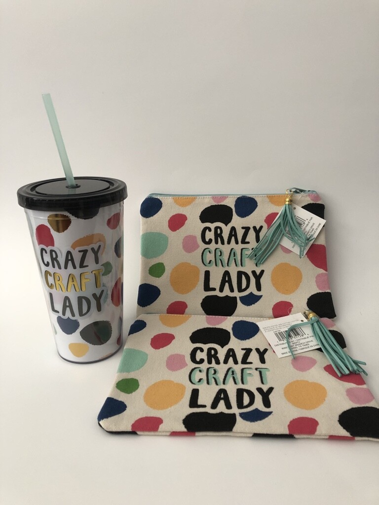"CRAZY CRAFT LADY" - 2 POUCHES- & TUMBLER . NEW