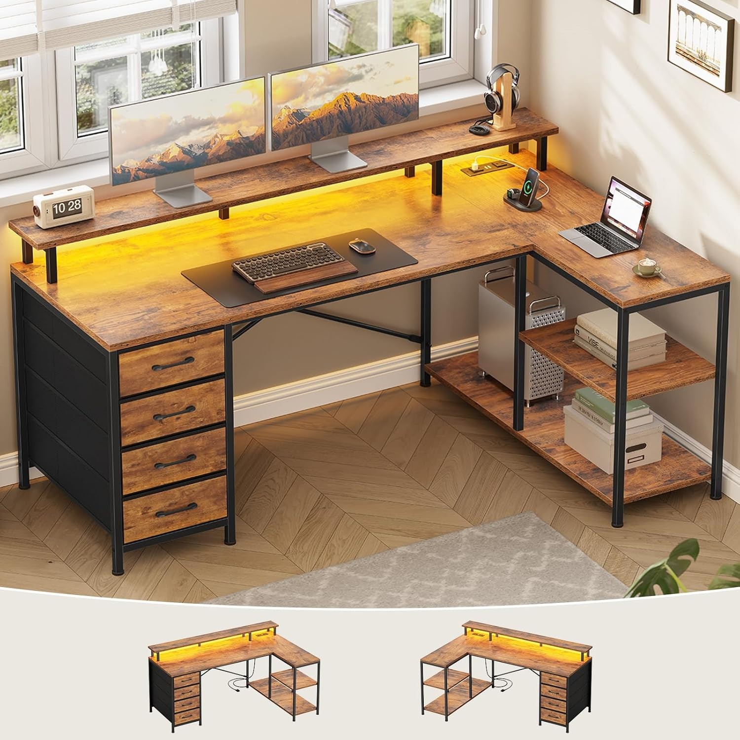 L and Storage Desk Shaped SEDETA wi with Shelves, Shaped Desk Gaming 4 Drawers L