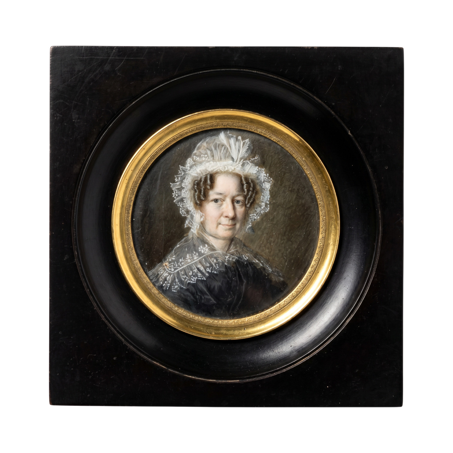 Antique Painting of Woman in Bonnet in Black Wooden Frame