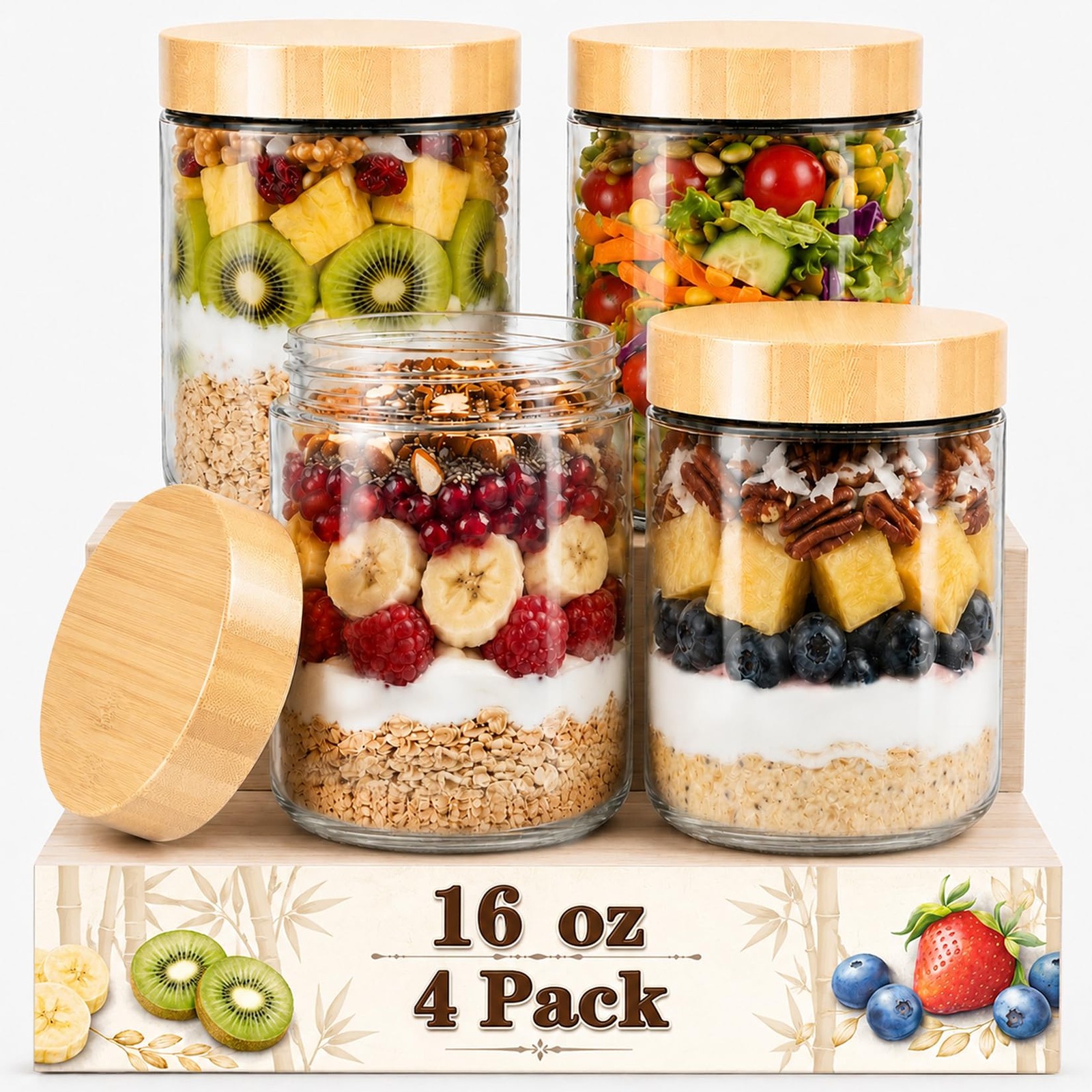 SECLENT Overnight Oats Jars Bamboo Lids 4 pack-16oz