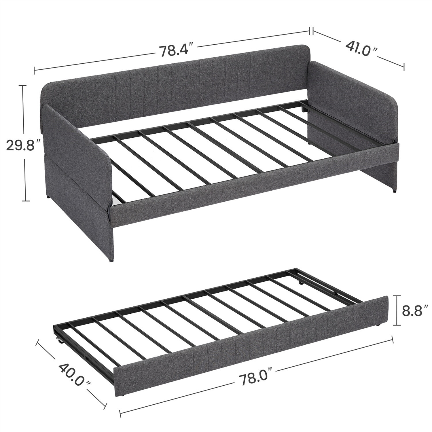 Twin Size Daybed Upholstered Bed Frame Sofa Bed with Trundle Bed Grey
