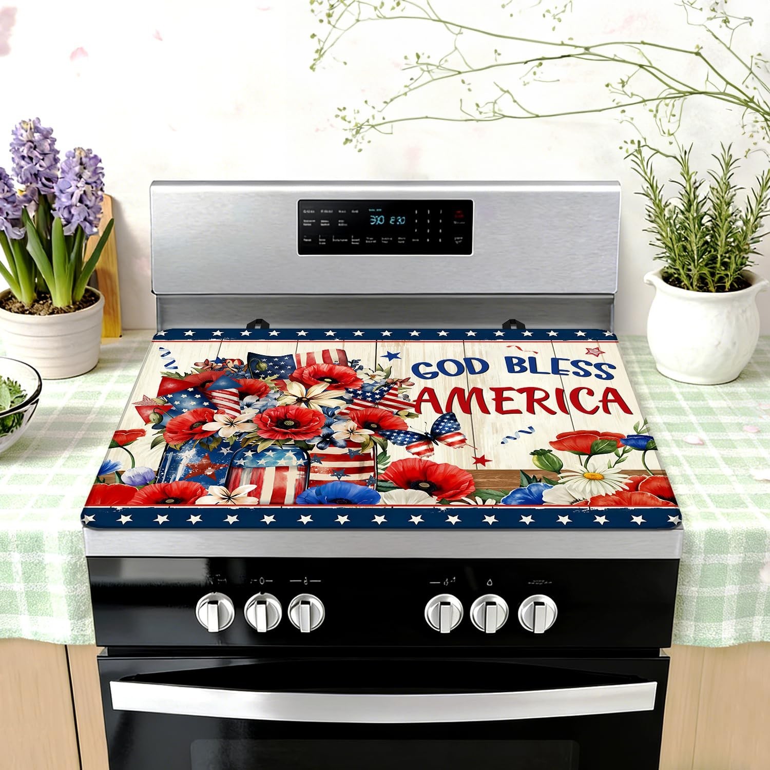 Stove Top Cover for Electric Stove 28"x 20", God Bless America Patriotic Flor...
