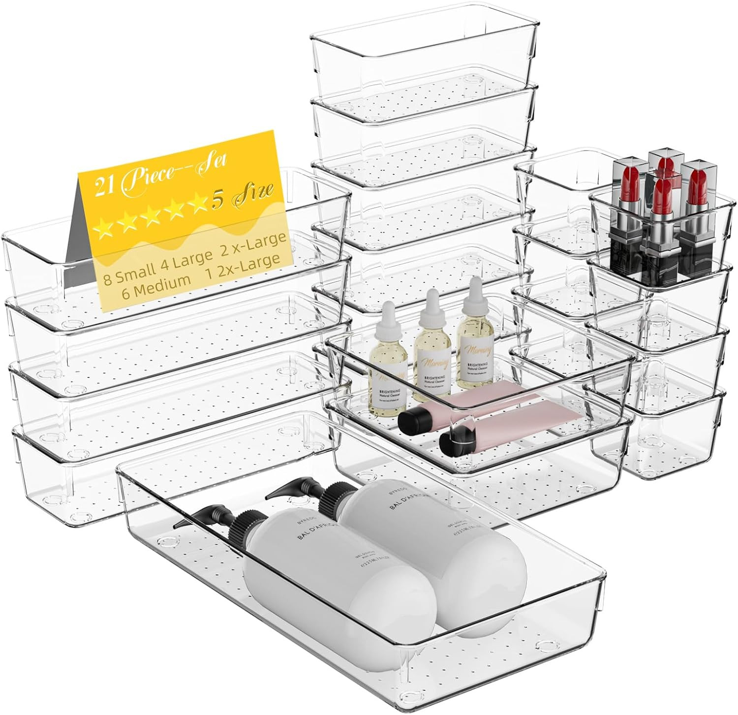 21 PCS Clear Plastic Drawer Organizer Set with 15 Inch Extra Long Bins, 5 Sizes