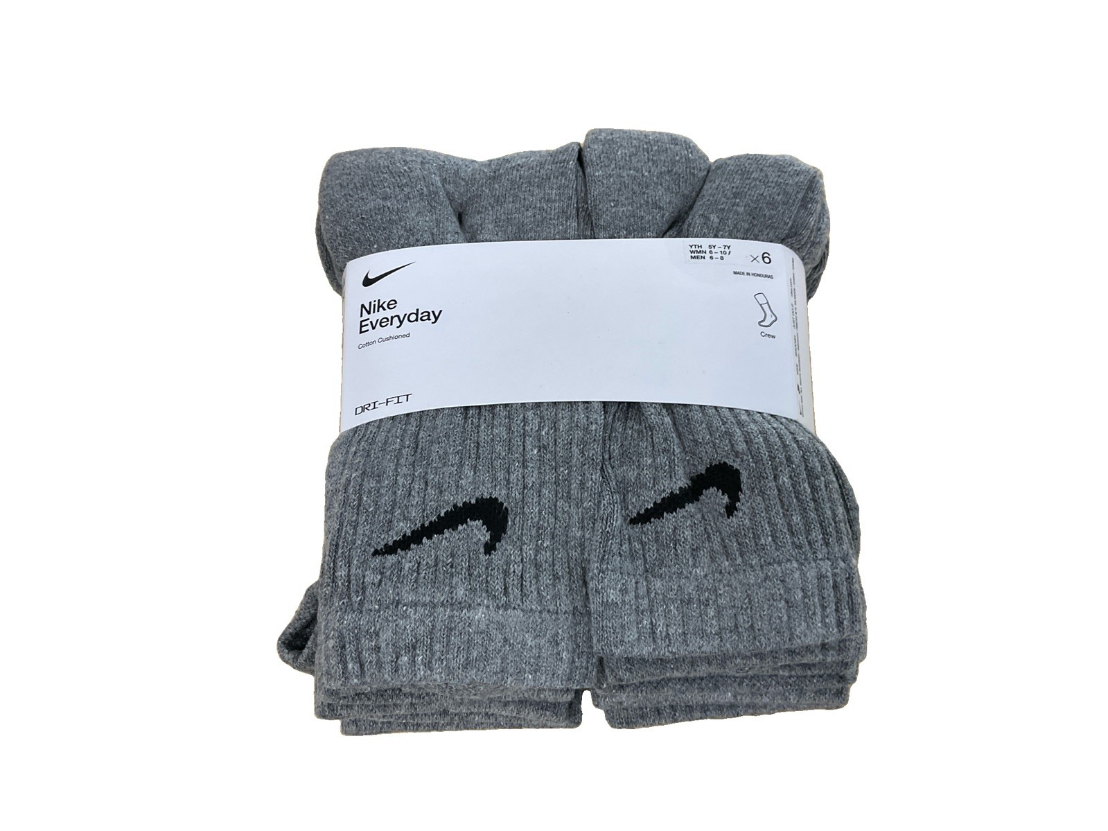 Nike Everyday Cushion Crew Socks Grey 6 Pack Womens 6-10 / Youth 5Y-7Y NEW