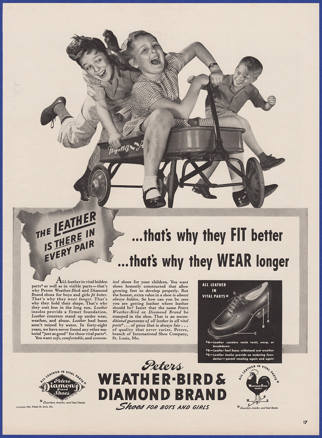 Vintage 1941 PETER'S WEATHER-BIRD & DIAMOND BRAND Children's Shoes 40's Print Ad
