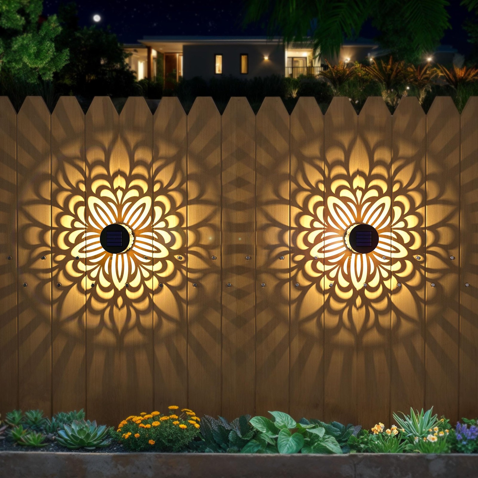 2 Pack Solar Fence Lights Metal Powered Outdoor Wall 2 Pack, Mandala-c