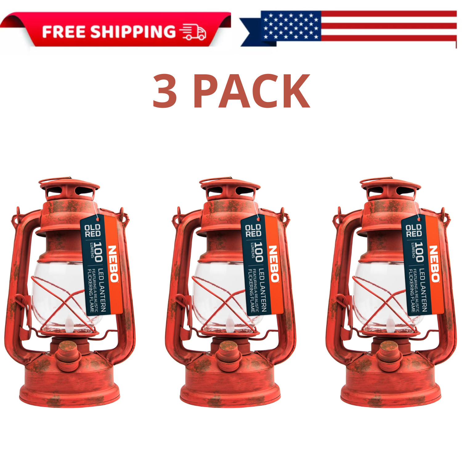 NEBO Retro 100 Lumen LED Red Metal Lantern, Battery Operated, 3 Pack