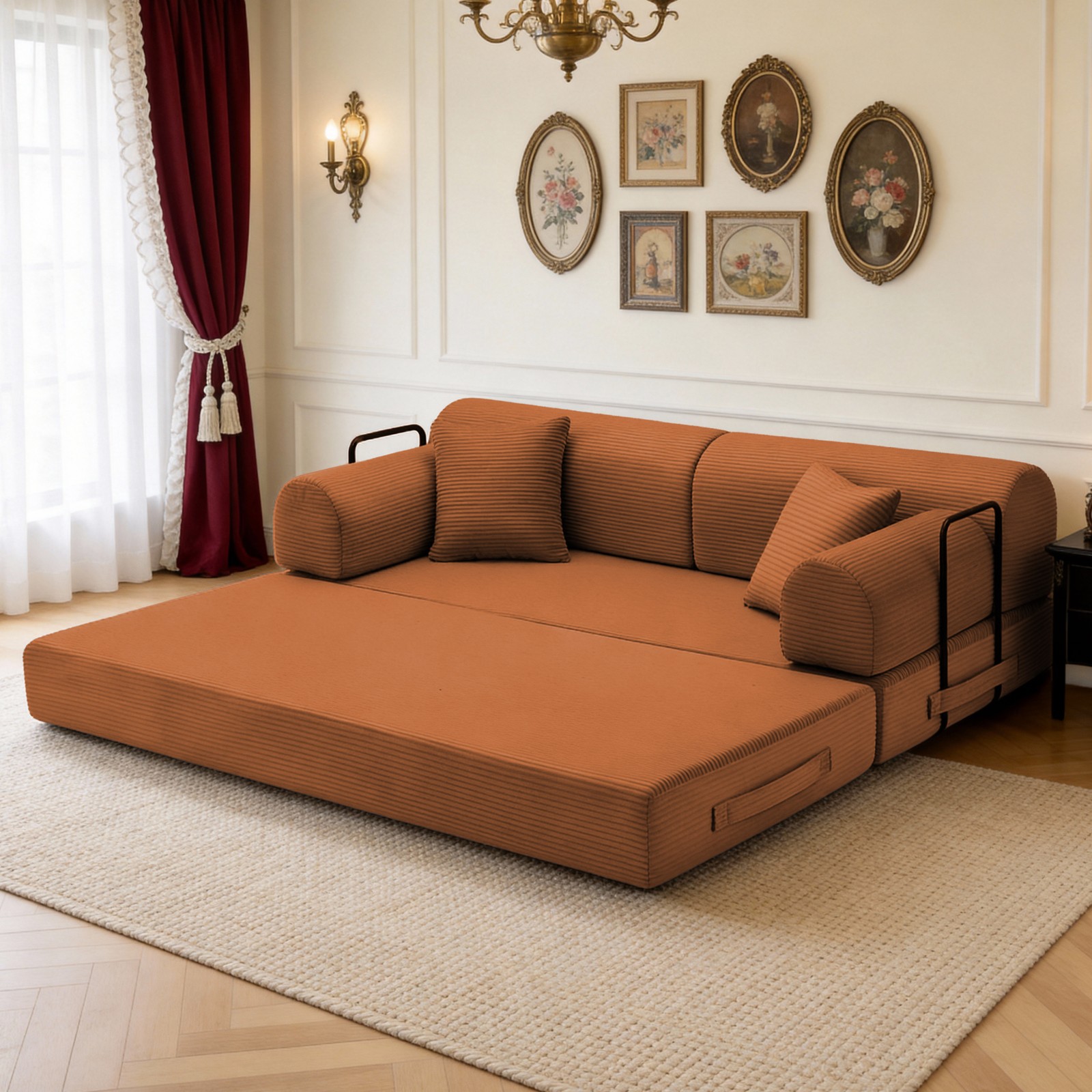 Convertible Sleeper Sofa Bed,Corduroy Folding Mattress Couch with Fixed-Shape Fr