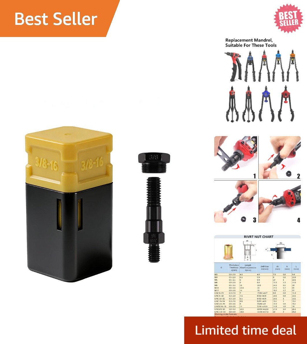 1-3/8"-16 Rivet Nut Replacement Mandrel Set - Fits Standard Nut Riveters