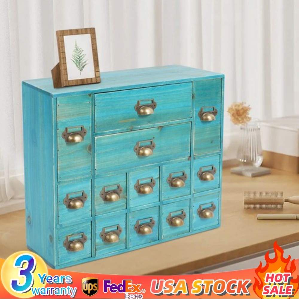 Retro 14 Drawer Storage Cabinet Wooden Bedroom Tabletop Drawer Jewelry Organizer