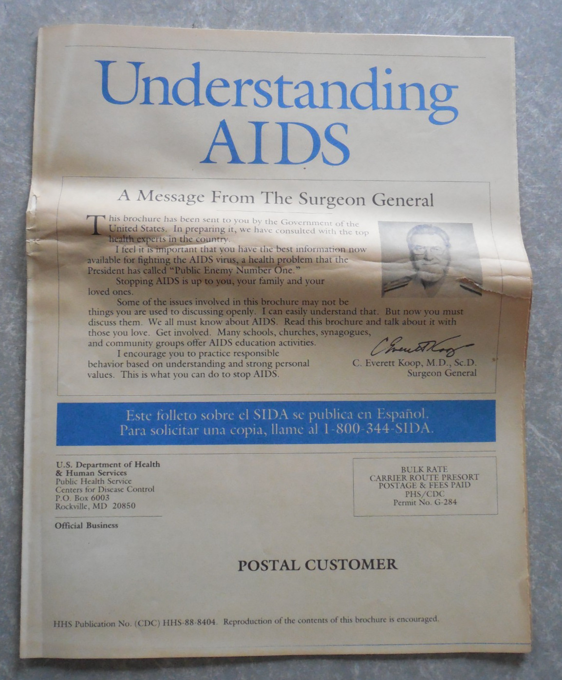 Vintage UNDERSTANDING AIDS BROCHURE, SURGEON GENERAL C. EVERETT KOOP, 1988!