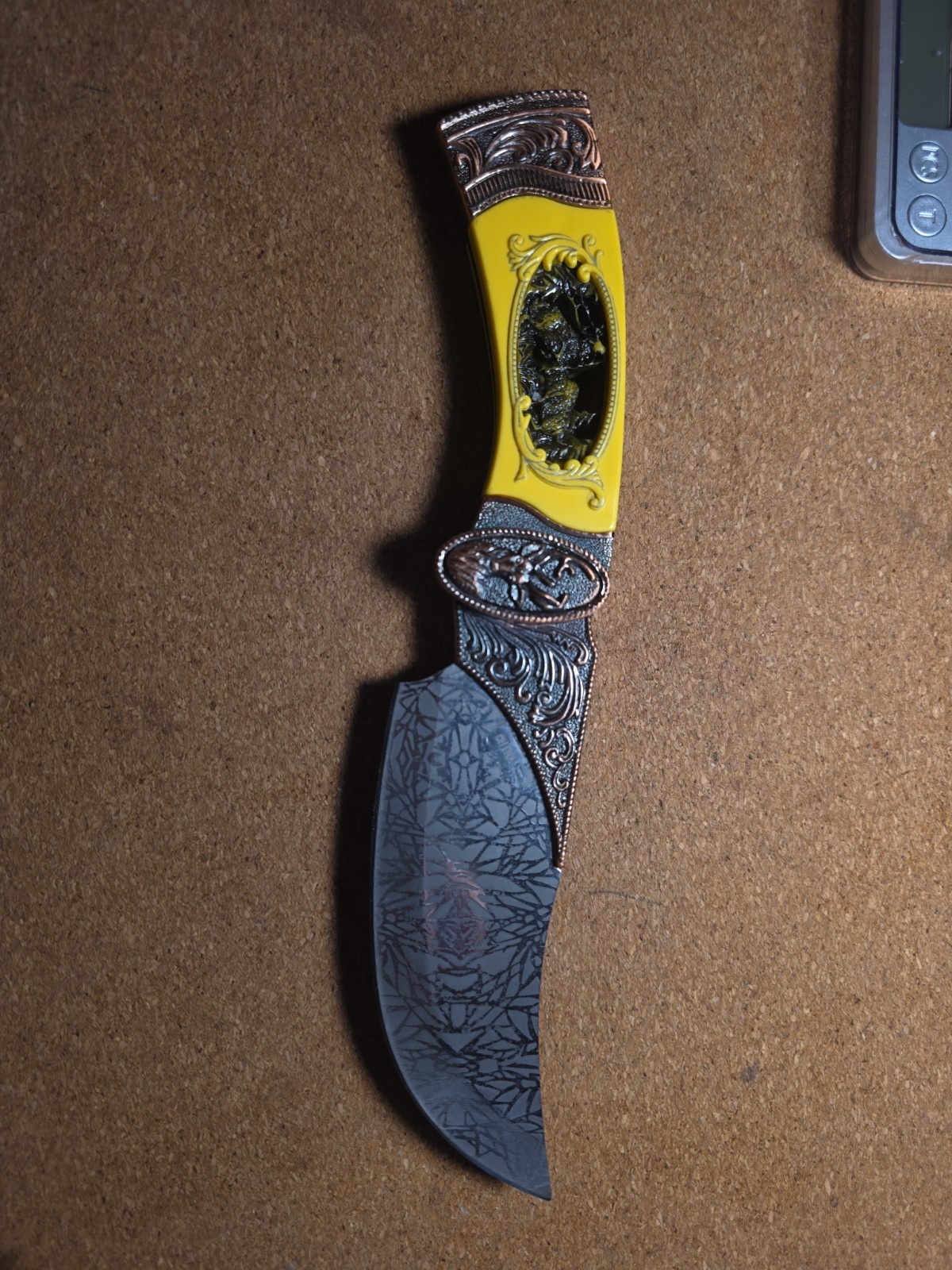 Decorative Kinfe, Deer Pattern, Bronze Accents And Yellow Handle