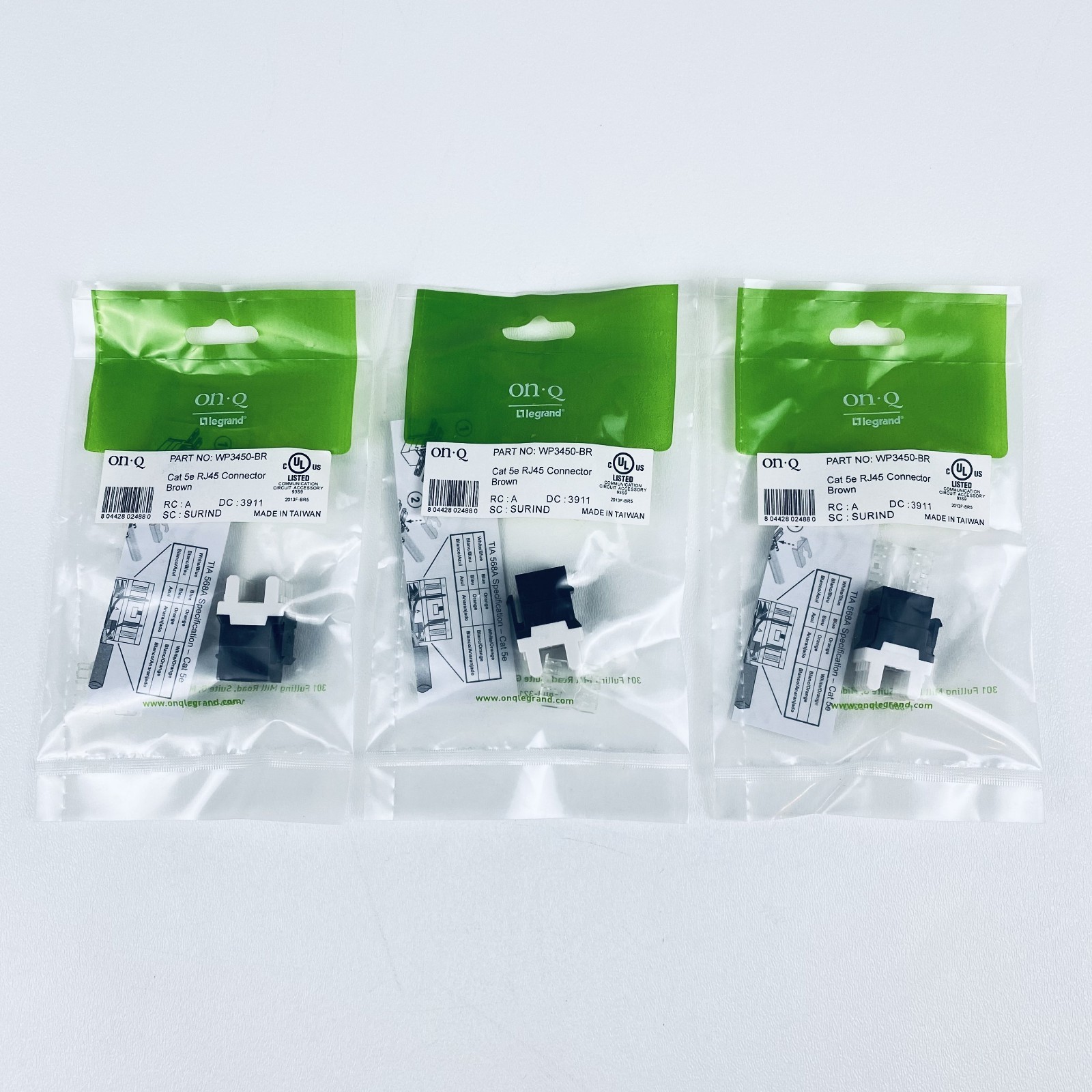 Three (3) Legrand ON-Q WP3450-BR Keystone Connectors CAT5E RJ45 Brown