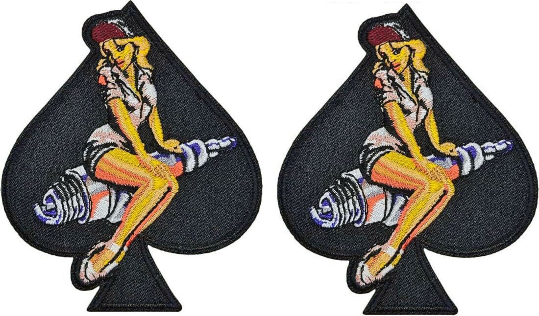 Spark Plug Spade Pin Up Embroidered Biker Patch || 2PC iron on or Sew  3.5"x3"